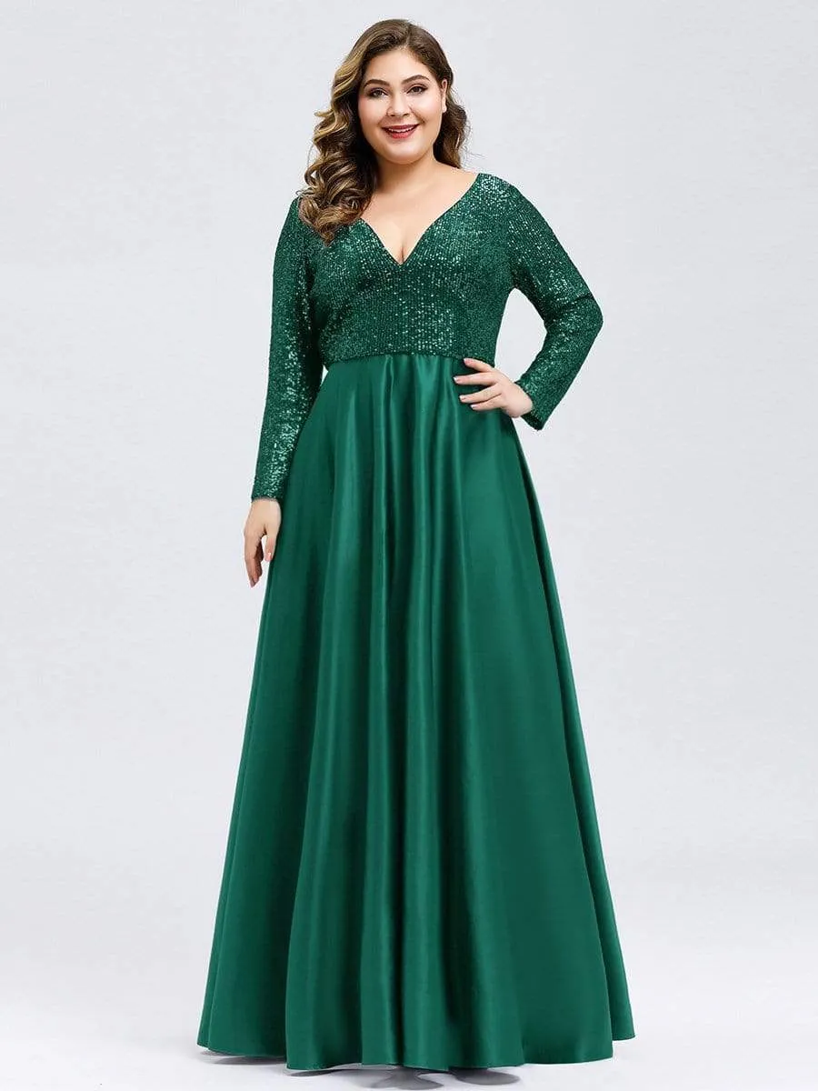 Elegant V-Neck Sequin Print Plus Size Evening Gowns for Women