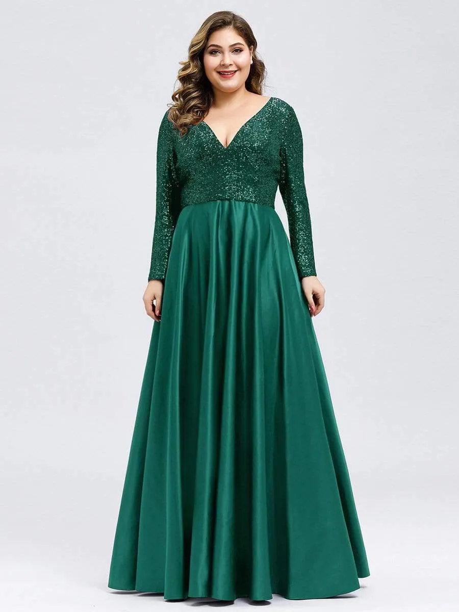 Elegant V-Neck Sequin Print Plus Size Evening Gowns for Women