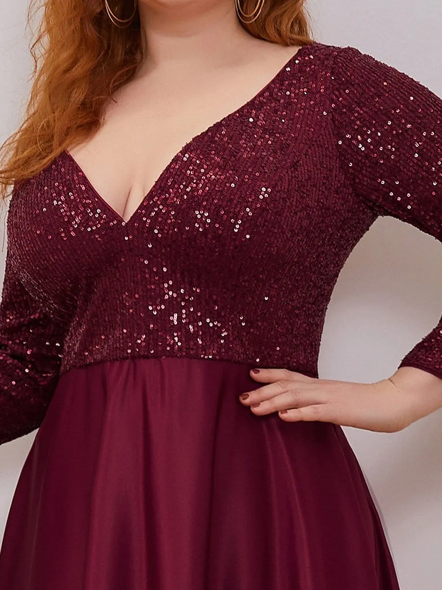 Elegant V-Neck Sequin Print Plus Size Evening Gowns for Women