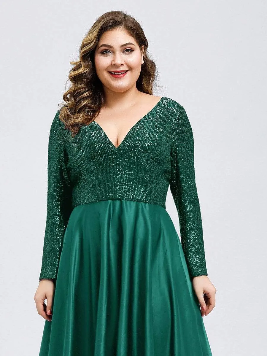 Elegant V-Neck Sequin Print Plus Size Evening Gowns for Women