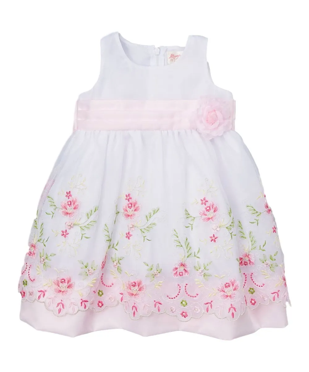 Embroidered Party Dress with Sash and Flower