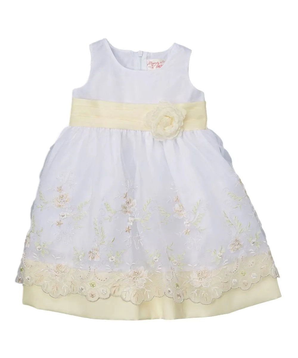 Embroidered Party Dress with Sash and Flower