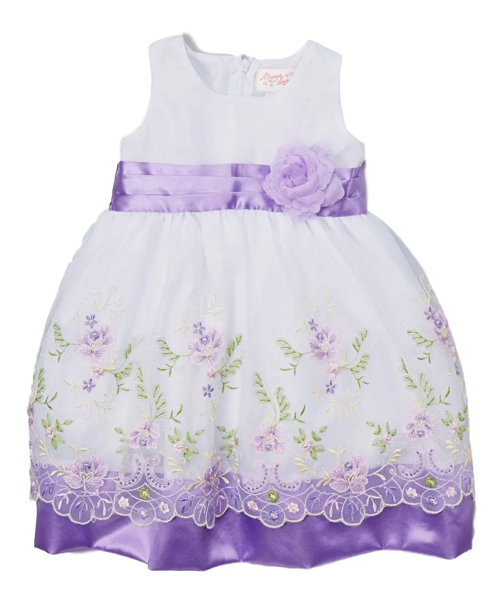 Embroidered Party Dress with Sash and Flower