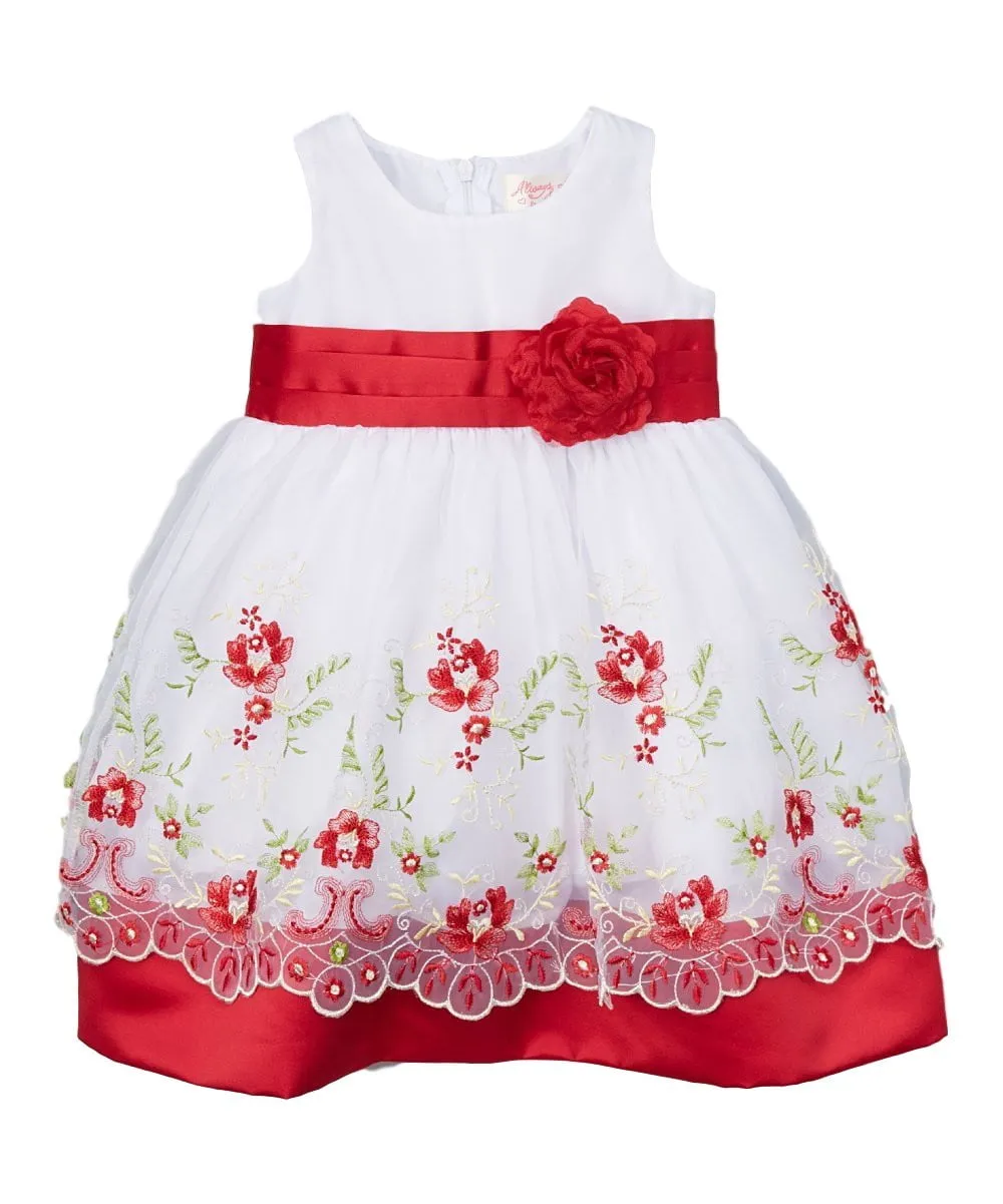 Embroidered Party Dress with Sash and Flower