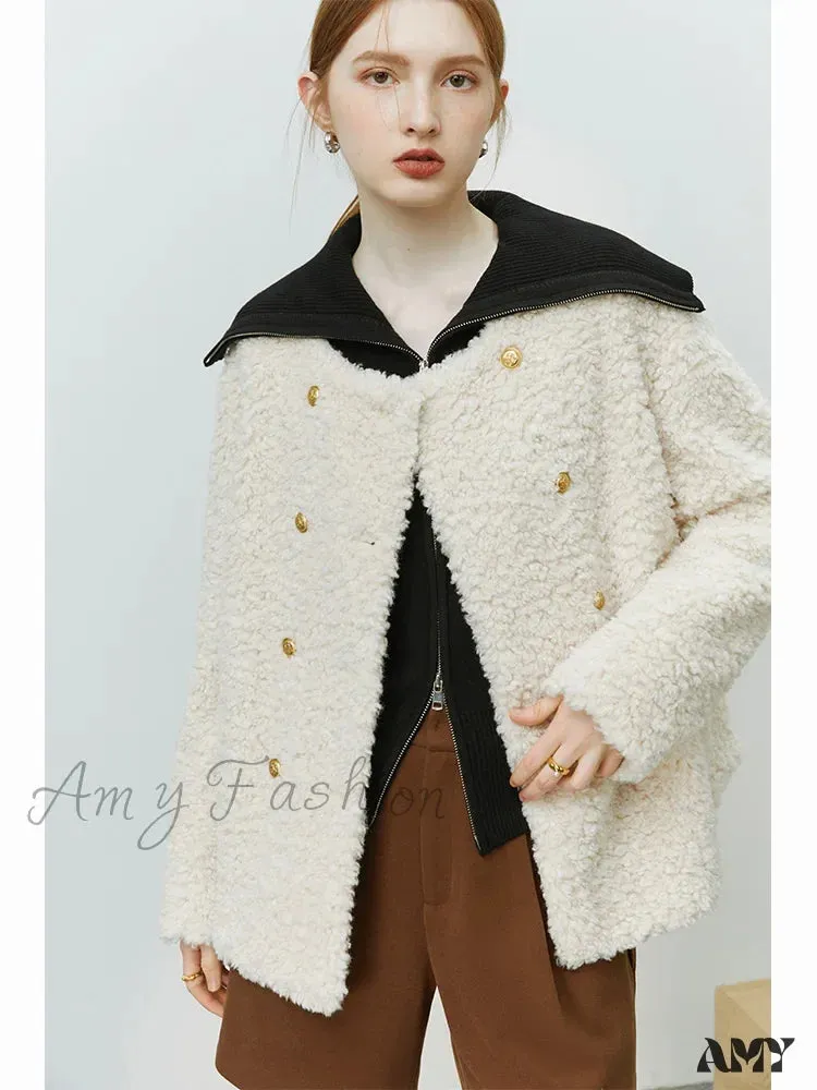 Faux Fur Pink White O-Neck Casual Thick Granular Pile Full Sleeve Coat