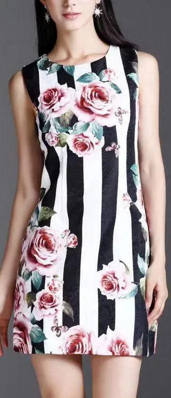 Floral & Striped Print Shift Dress