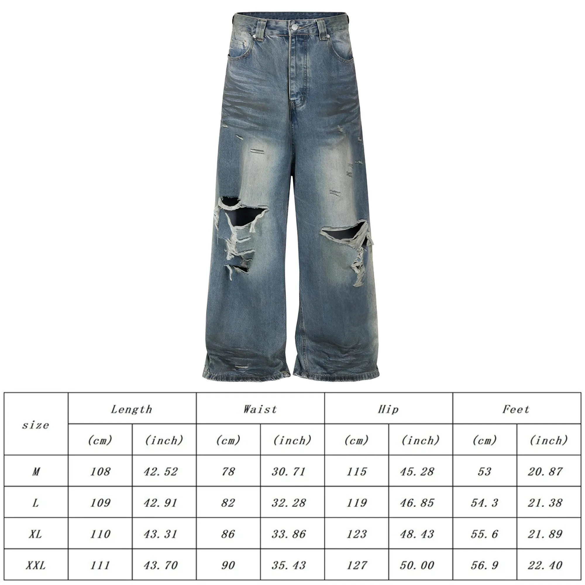 Frayed Damaged Hole Baggy Wide Leg Jeans for Men's Hip Hop Streetwear Denim Oversized Cargo Pants