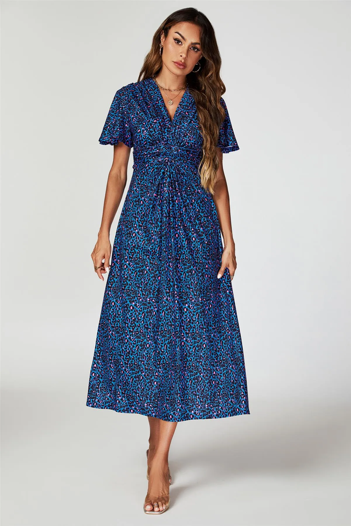 FS Collection Animal Print Angel Sleeve Twist Maxi Dress In Blue