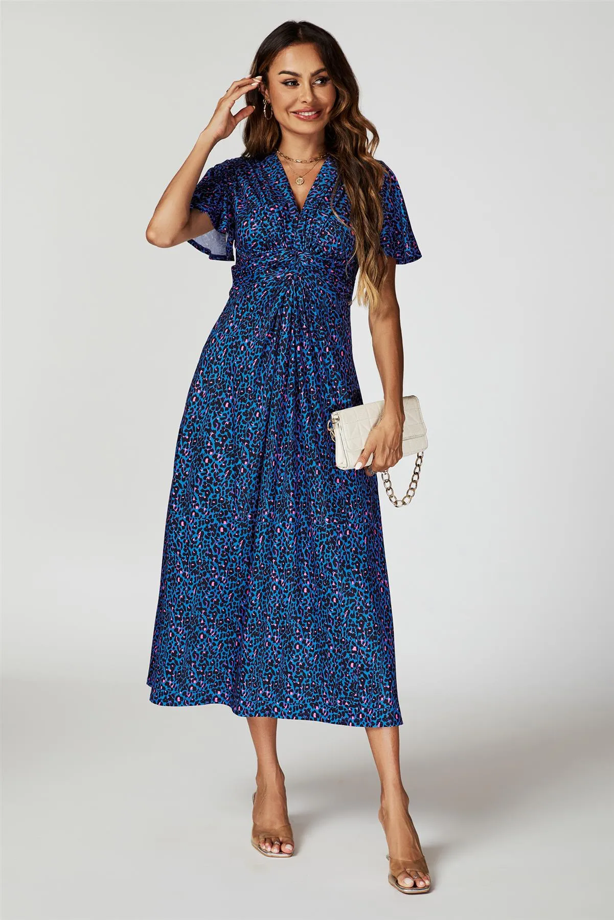 FS Collection Animal Print Angel Sleeve Twist Maxi Dress In Blue