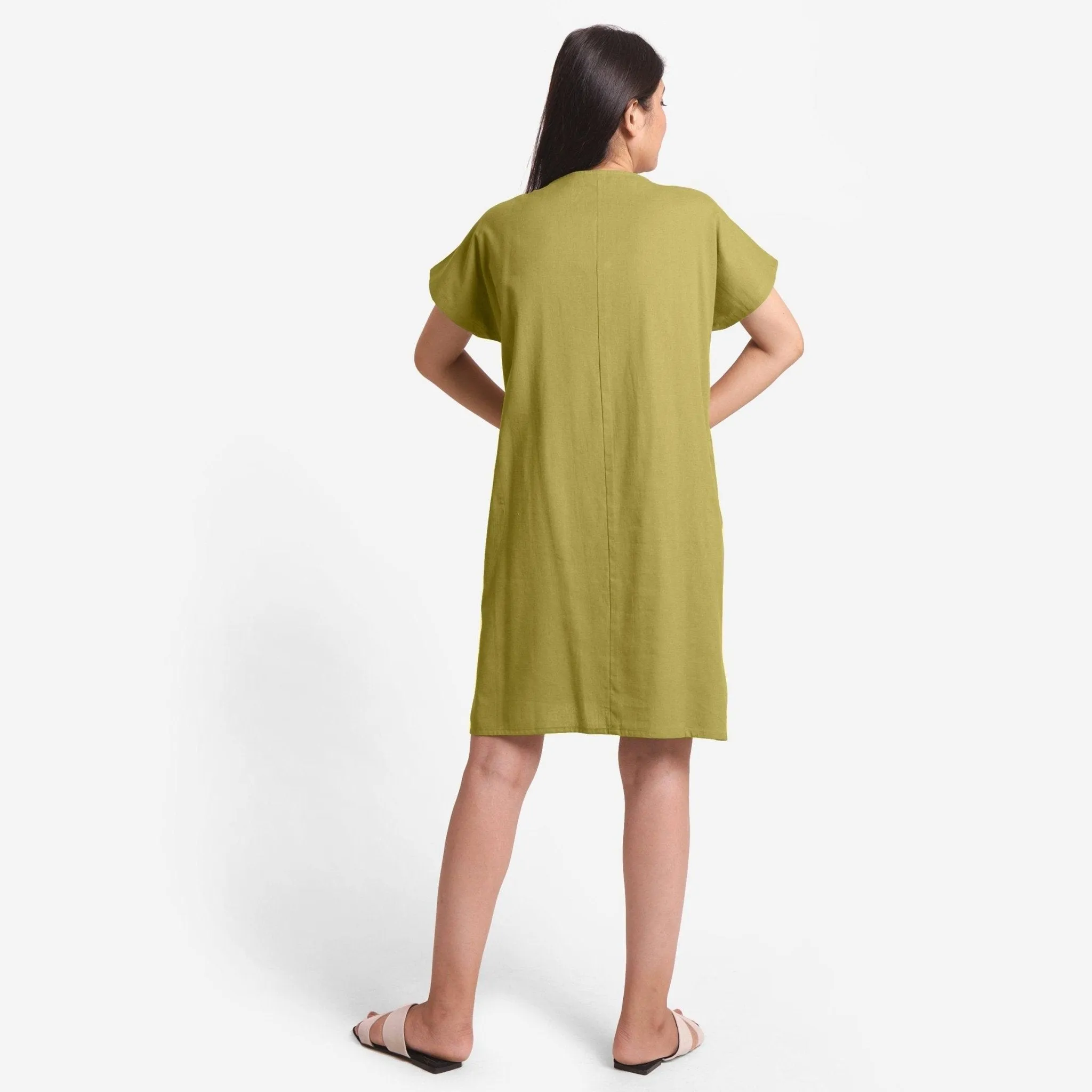 Green Cotton Flax V-Neck Short Shift Tunic