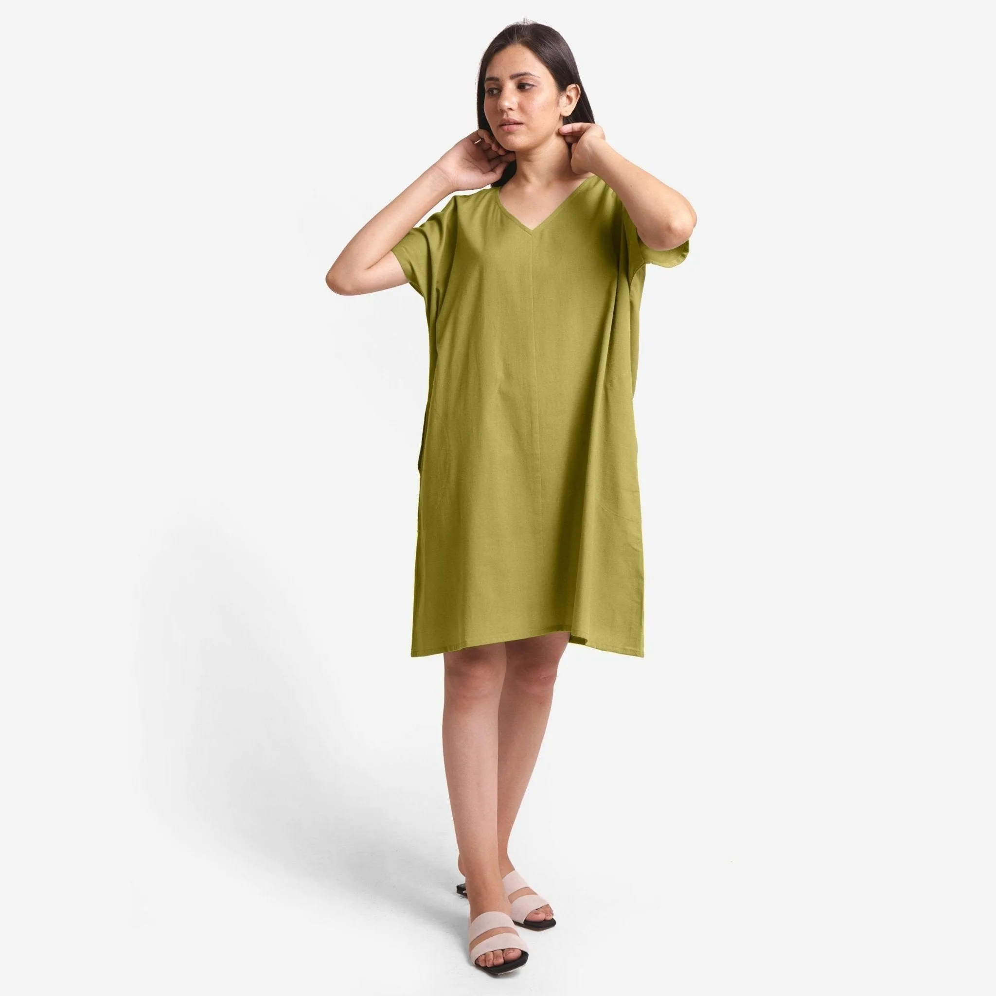 Green Cotton Flax V-Neck Short Shift Tunic