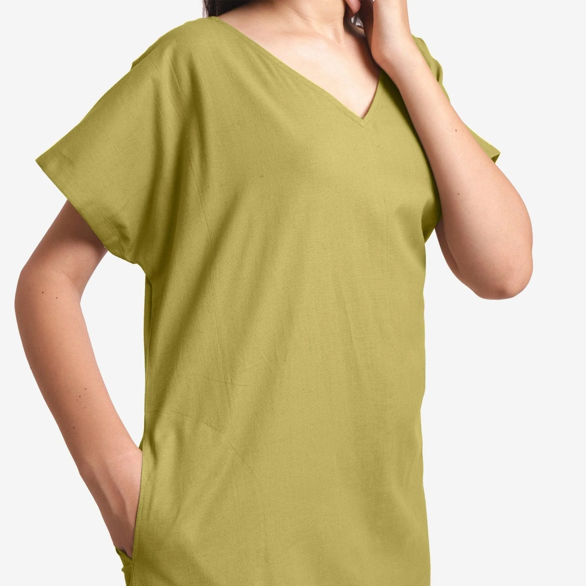 Green Cotton Flax V-Neck Short Shift Tunic