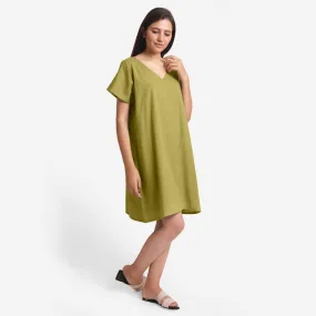 Green Cotton Flax V-Neck Short Shift Tunic