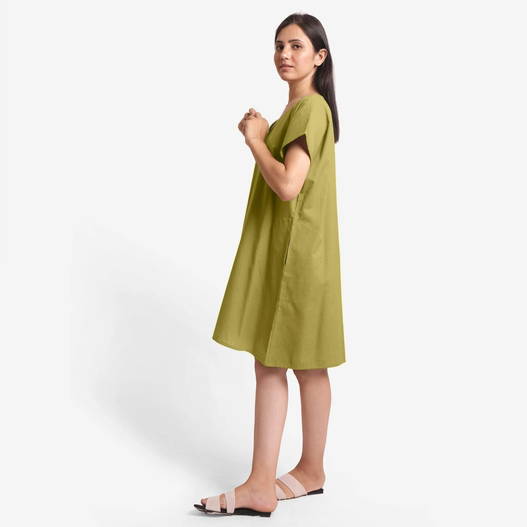 Green Cotton Flax V-Neck Short Shift Tunic