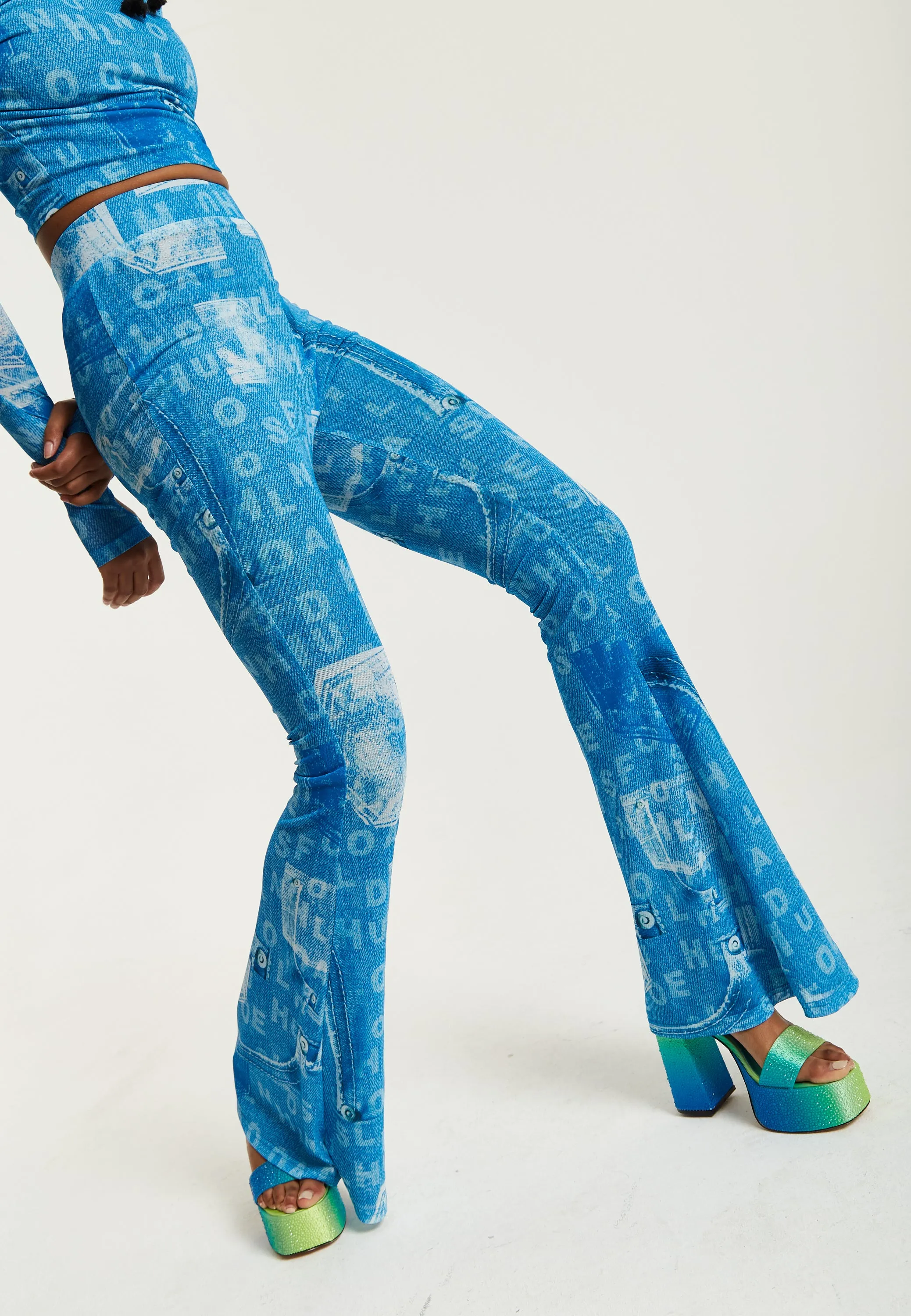 House Of Holland Denim Print Flare Trousers