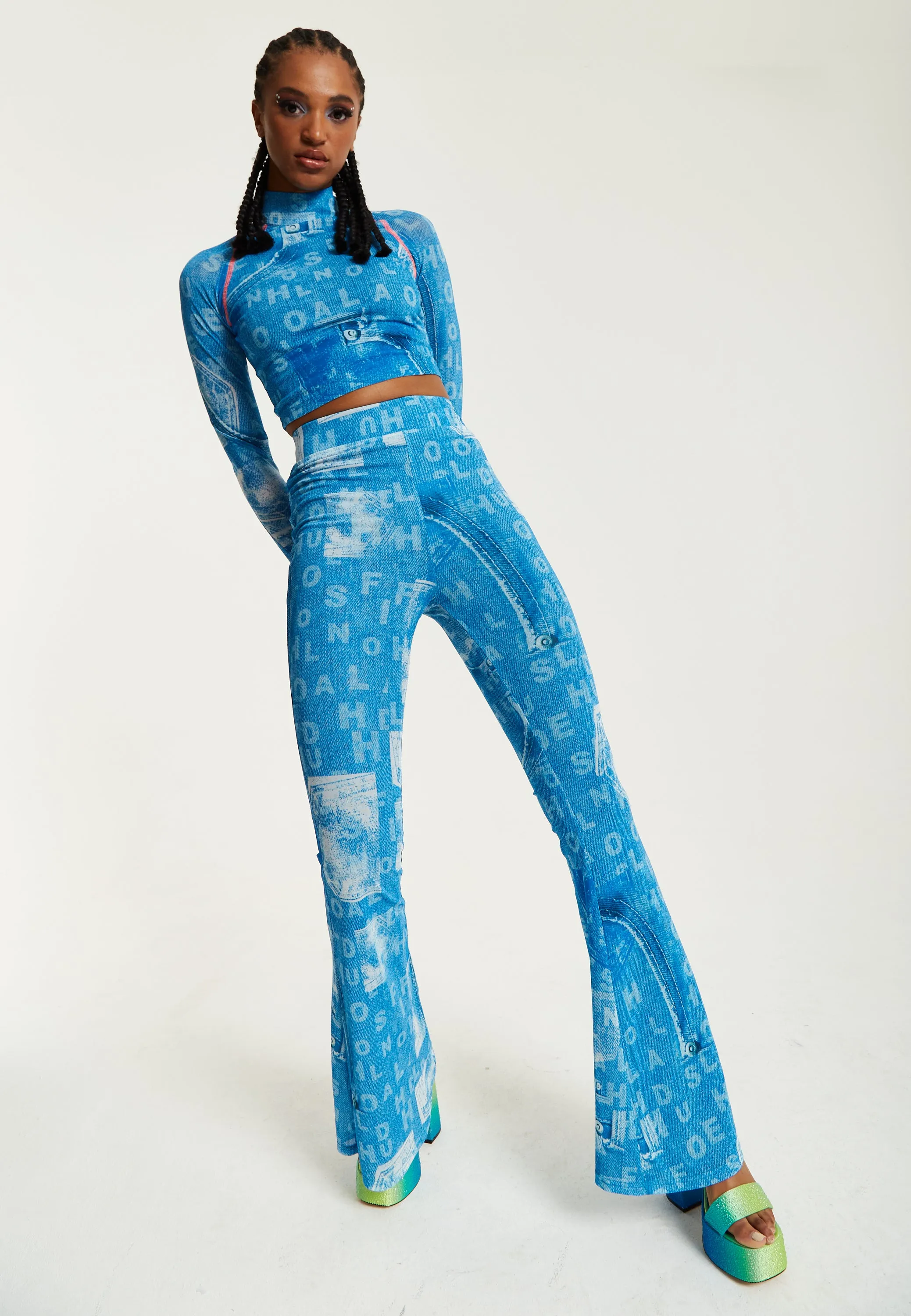 House Of Holland Denim Print Flare Trousers