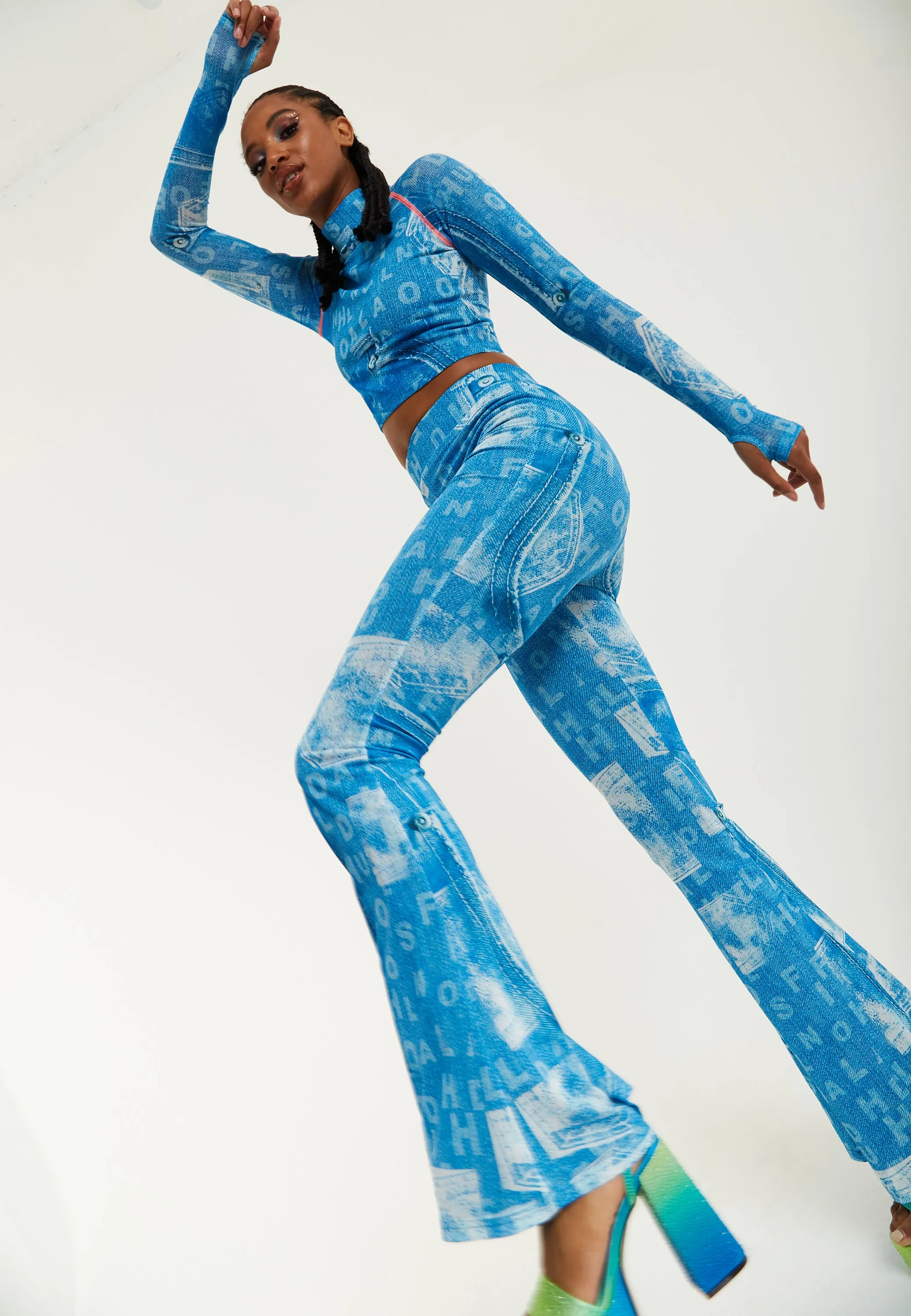 House Of Holland Denim Print Flare Trousers