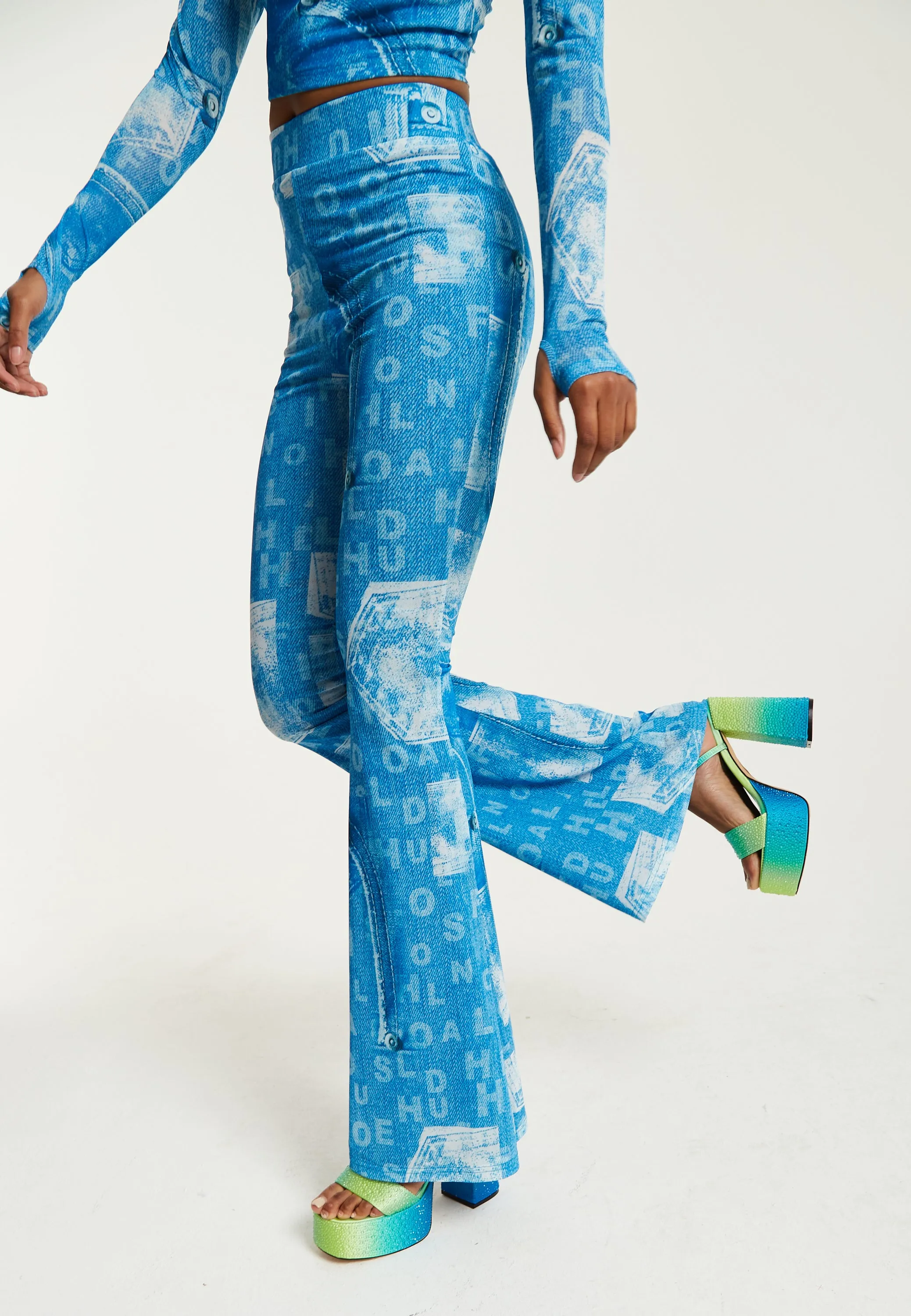 House Of Holland Denim Print Flare Trousers