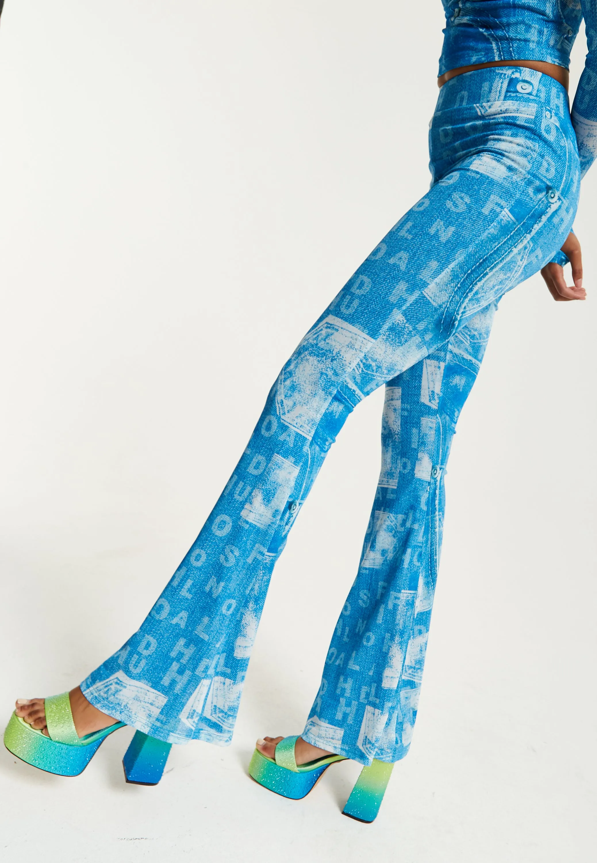 House Of Holland Denim Print Flare Trousers