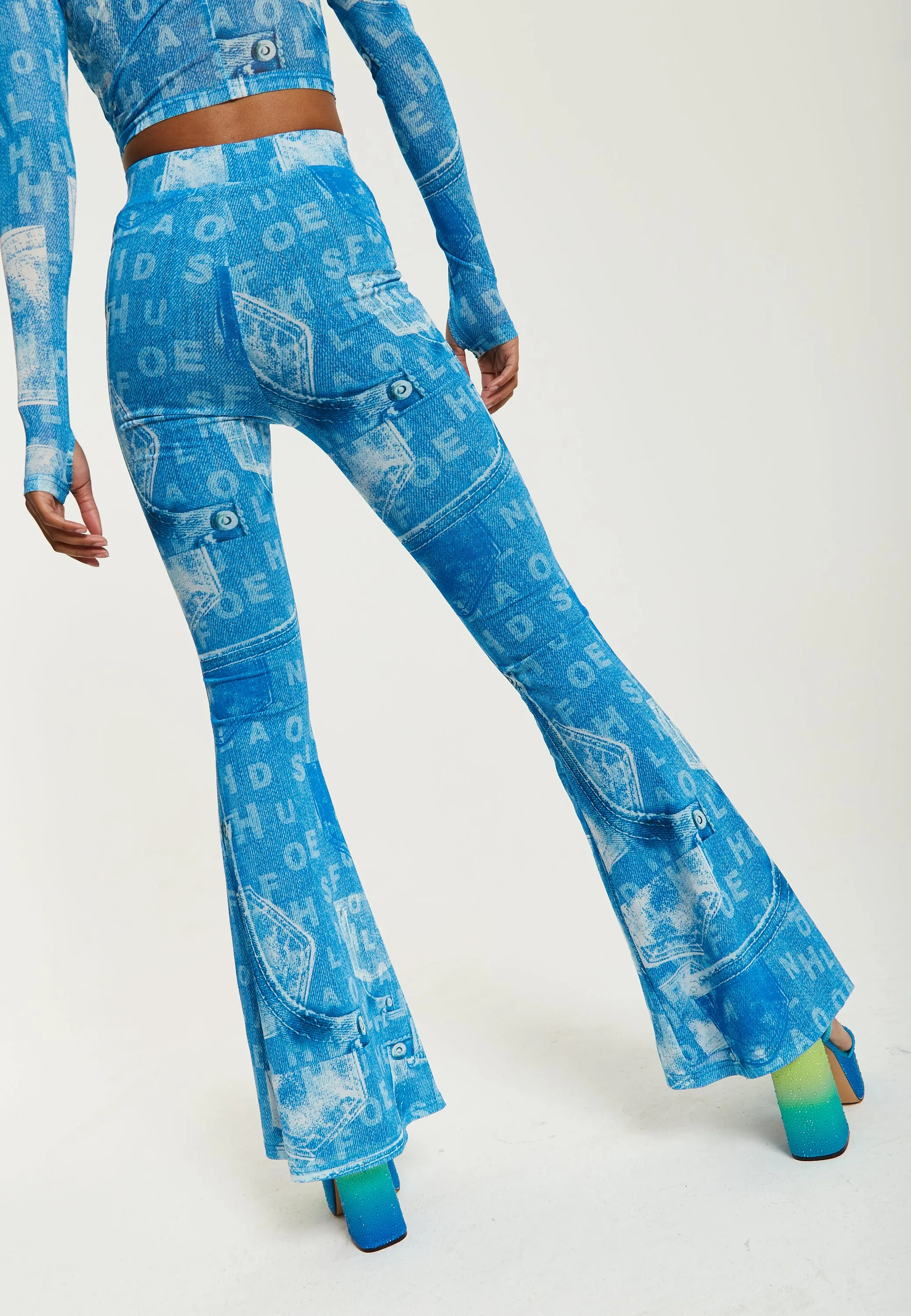 House Of Holland Denim Print Flare Trousers