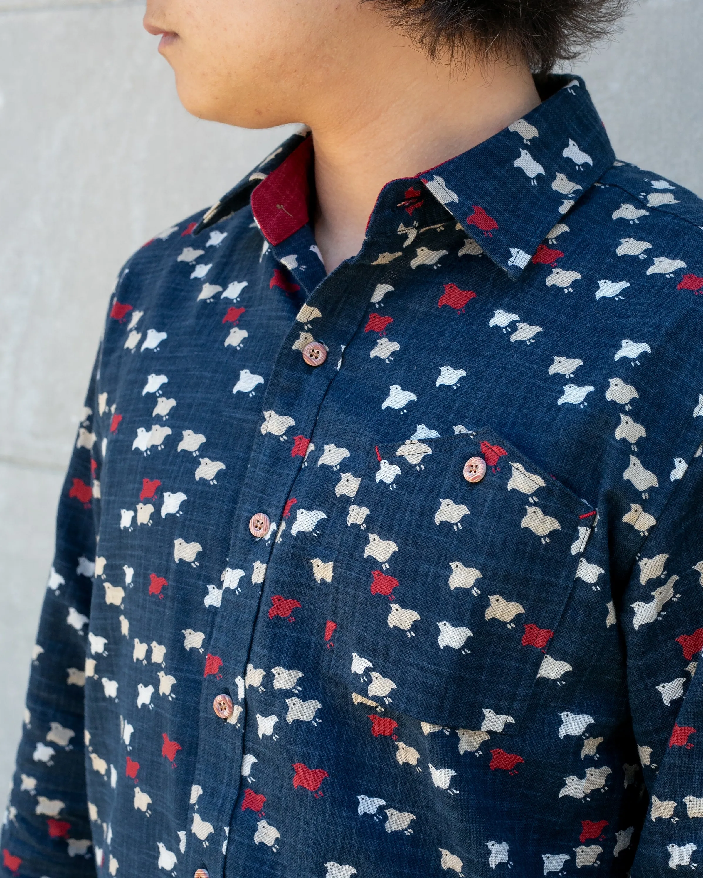 Kiriko Original Shirt, Long Sleeve Button-Up, Indigo Chidori with Red