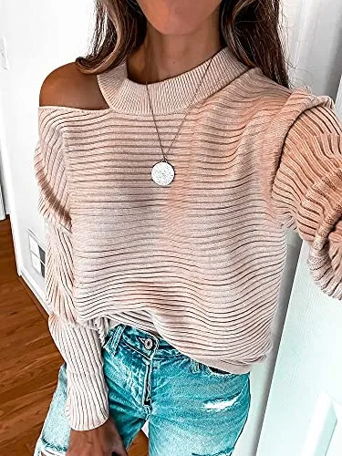 KIRUNDO 2021 Women’s Sweaters Halter Neck Off Shoulder Long Sleeves Knit Sweater Loose Solid Pullovers Tops (Khaki, X-Large)