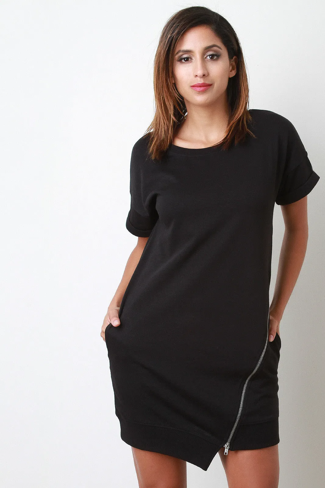 Knit Asymmetrical Zipper Shift Dress