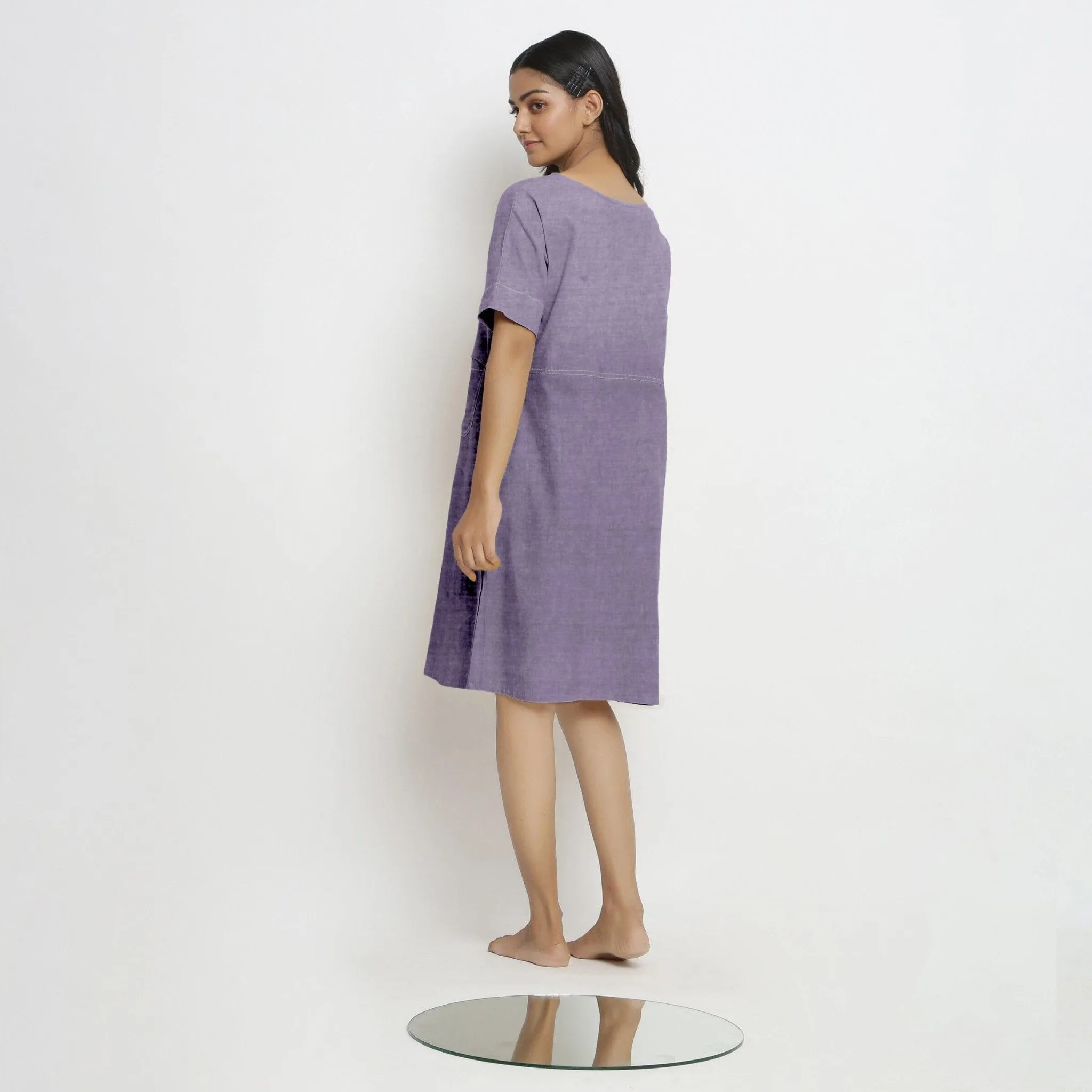 Lavender Cotton Linen Yoked Knee Length Shift Dress