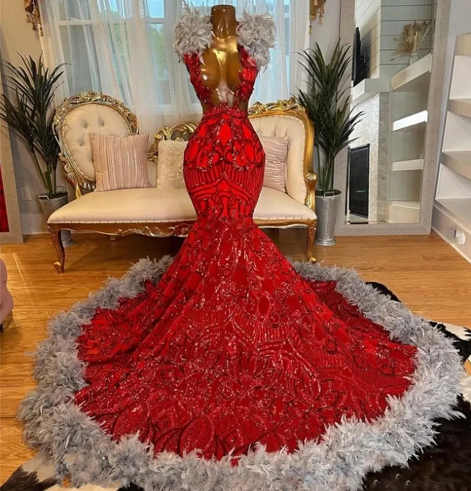 Luxury Red Sequined Lace Grey Feather Prom Dresses 2024 For Birthday Party Mermaid Black Girls Evening Dresses Wedding vestidos