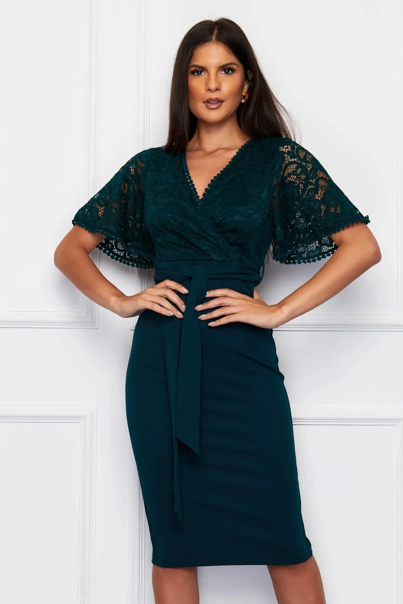 Lynsey Emerald Green Lace Belted Midi Dress