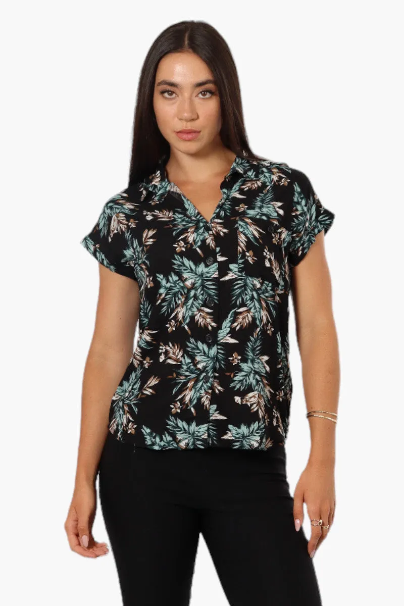 Majora Leaf Pattern Button Up Shirt - Black