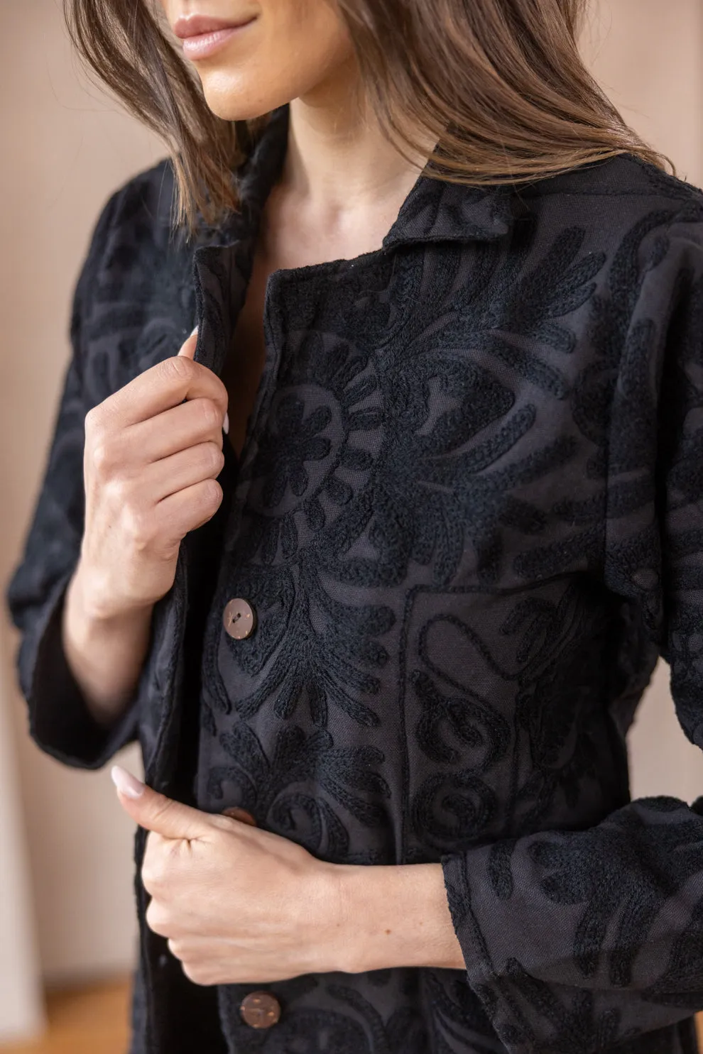 MALIKA COAT - Black on Black Embroidery