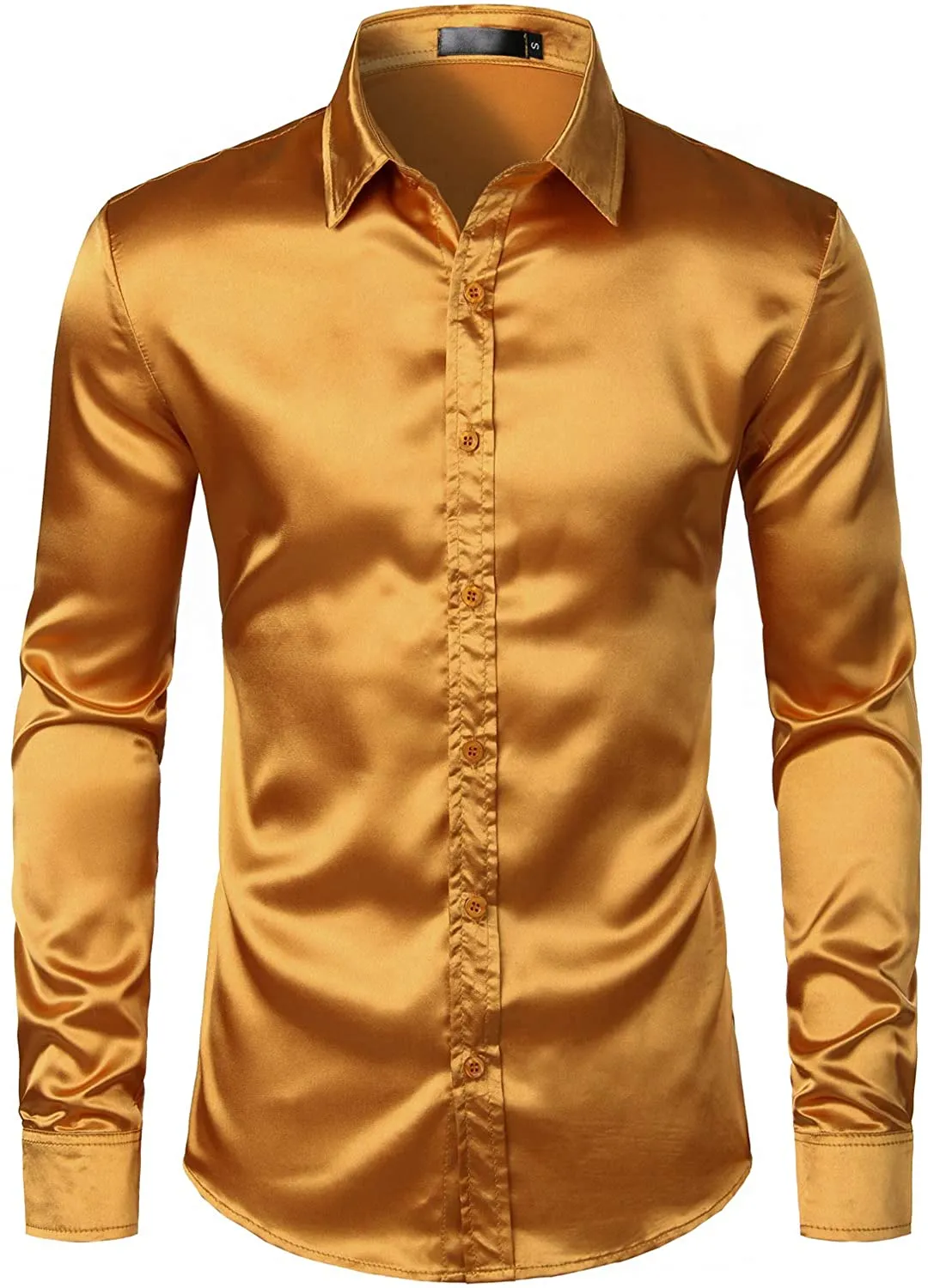 Men's Luxury Champagne Gold Shiny Silk Like Satin Button Up Shirt