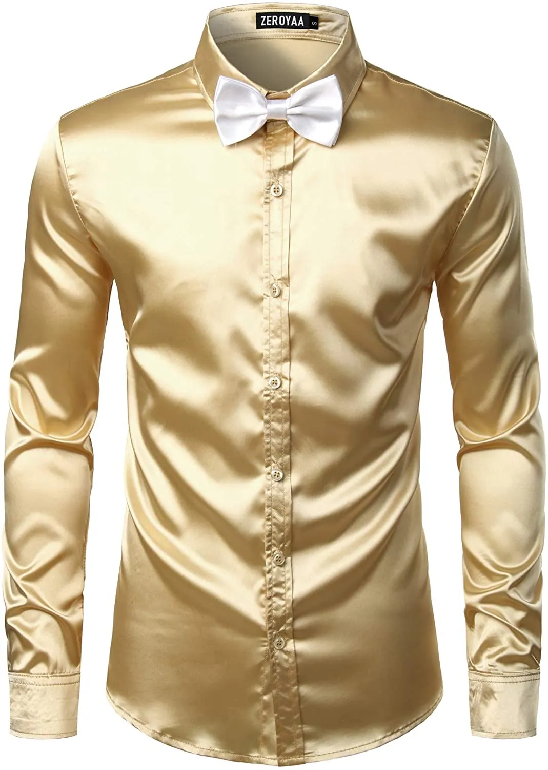 Men's Luxury Champagne Gold Shiny Silk Like Satin Button Up Shirt