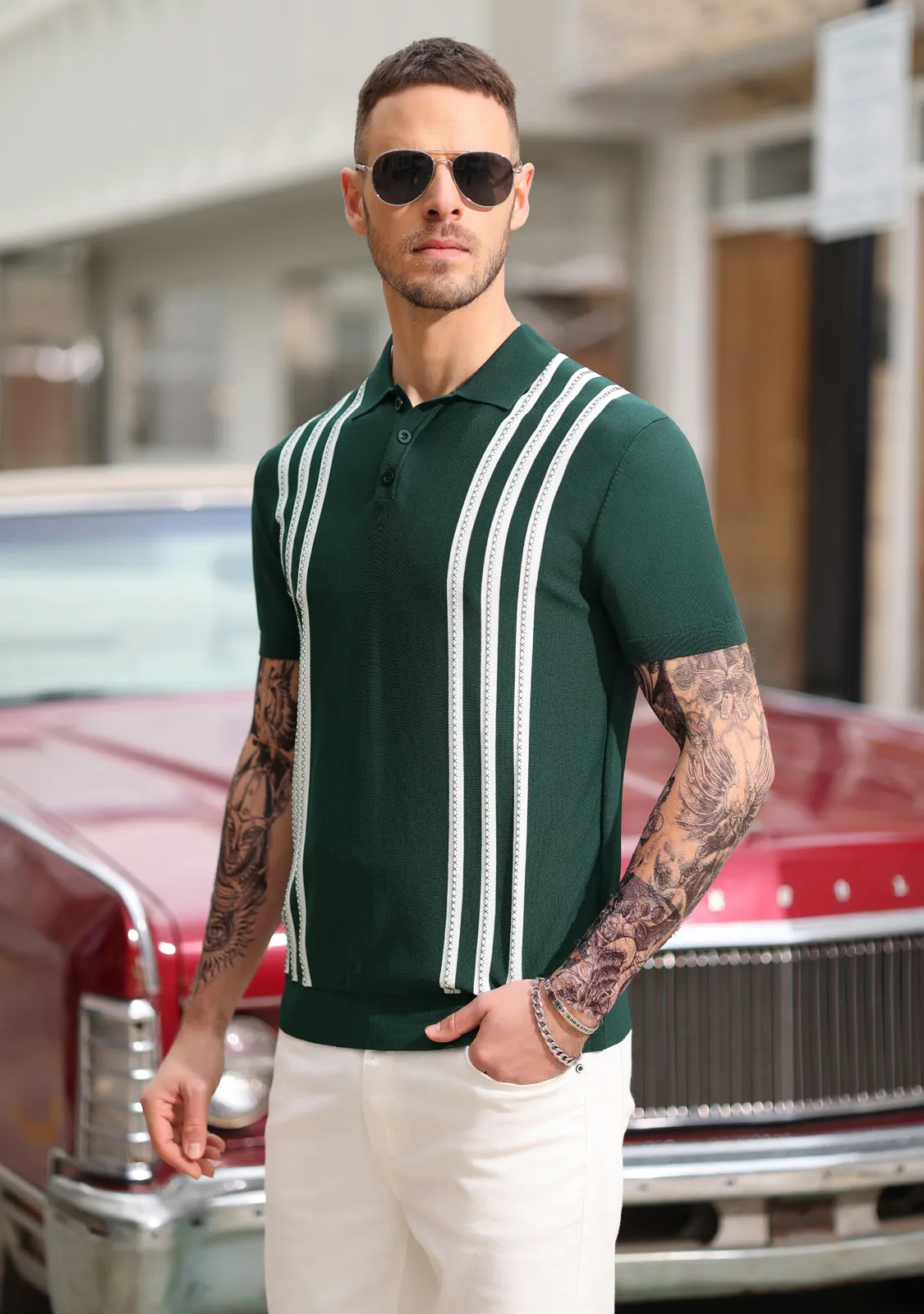 Men's Vintage Stripe Knitted Polo Shirts Short Sleeve Pullover Golf Knit Mens Polo Shirt