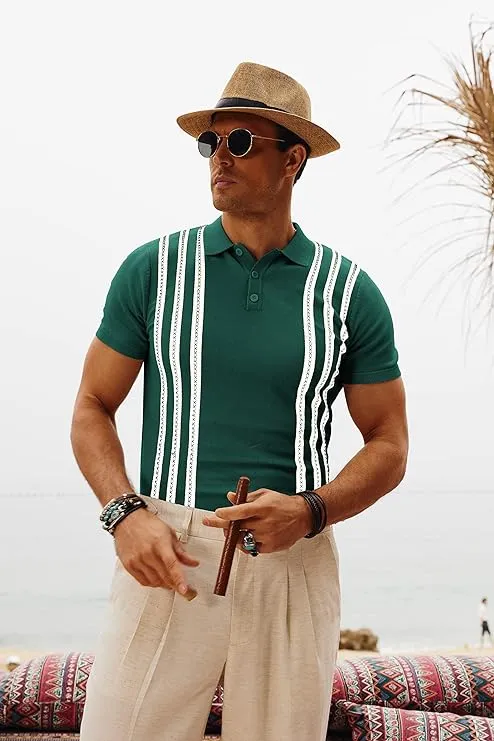 Men's Vintage Stripe Knitted Polo Shirts Short Sleeve Pullover Golf Knit Mens Polo Shirt