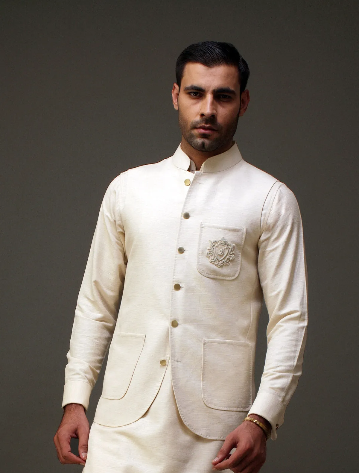 OFFWHITE KARANDI WAISTCOAT WITH FRONT MONOGRAM