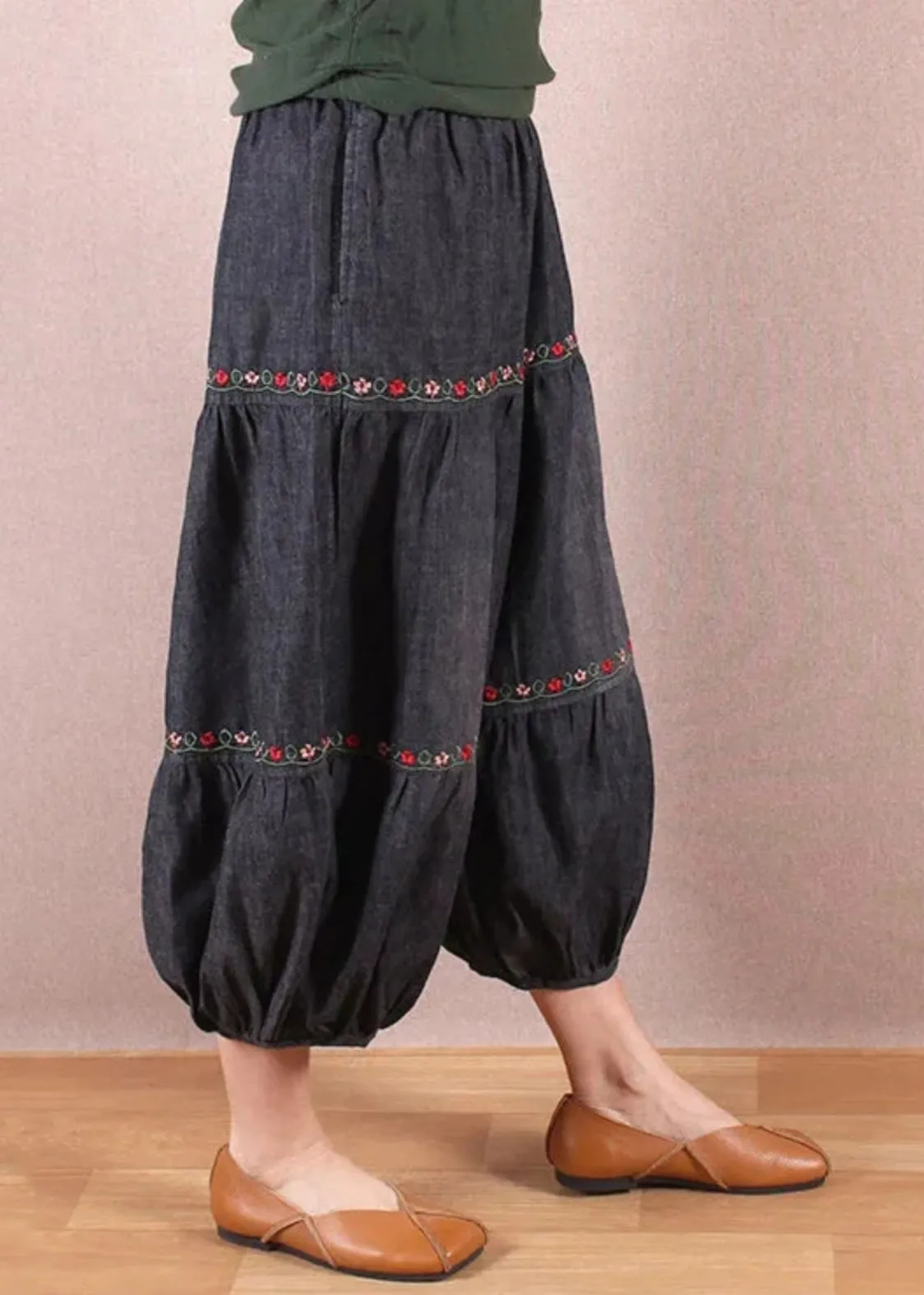 Organic Black Grey Embroidered Patchwork Denim Lantern Trousers Summer BV042