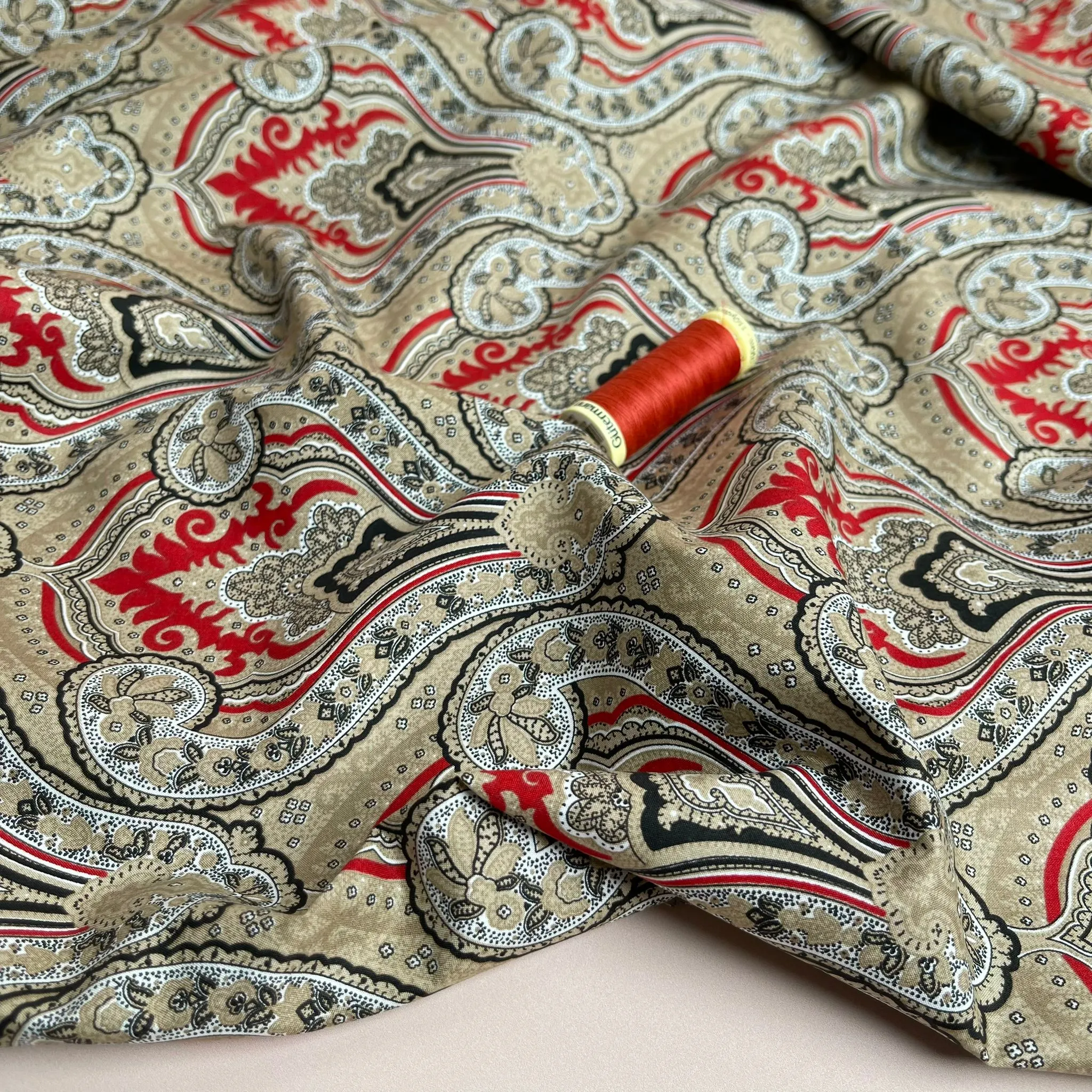 Ornate Damask on Red Cotton Lawn Fabric