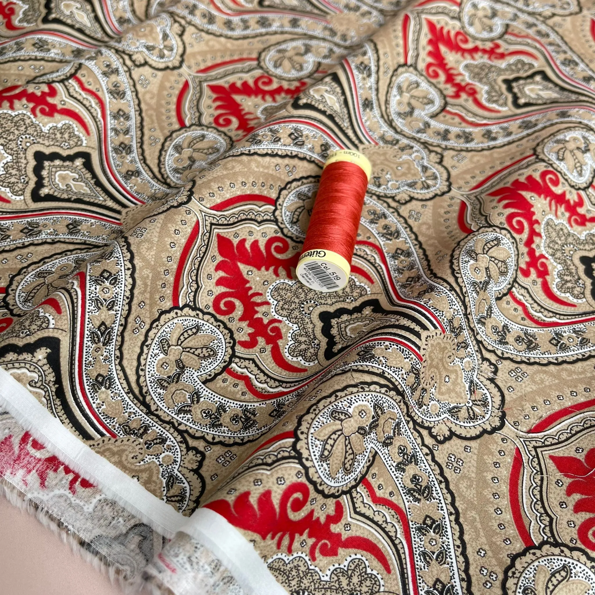 Ornate Damask on Red Cotton Lawn Fabric