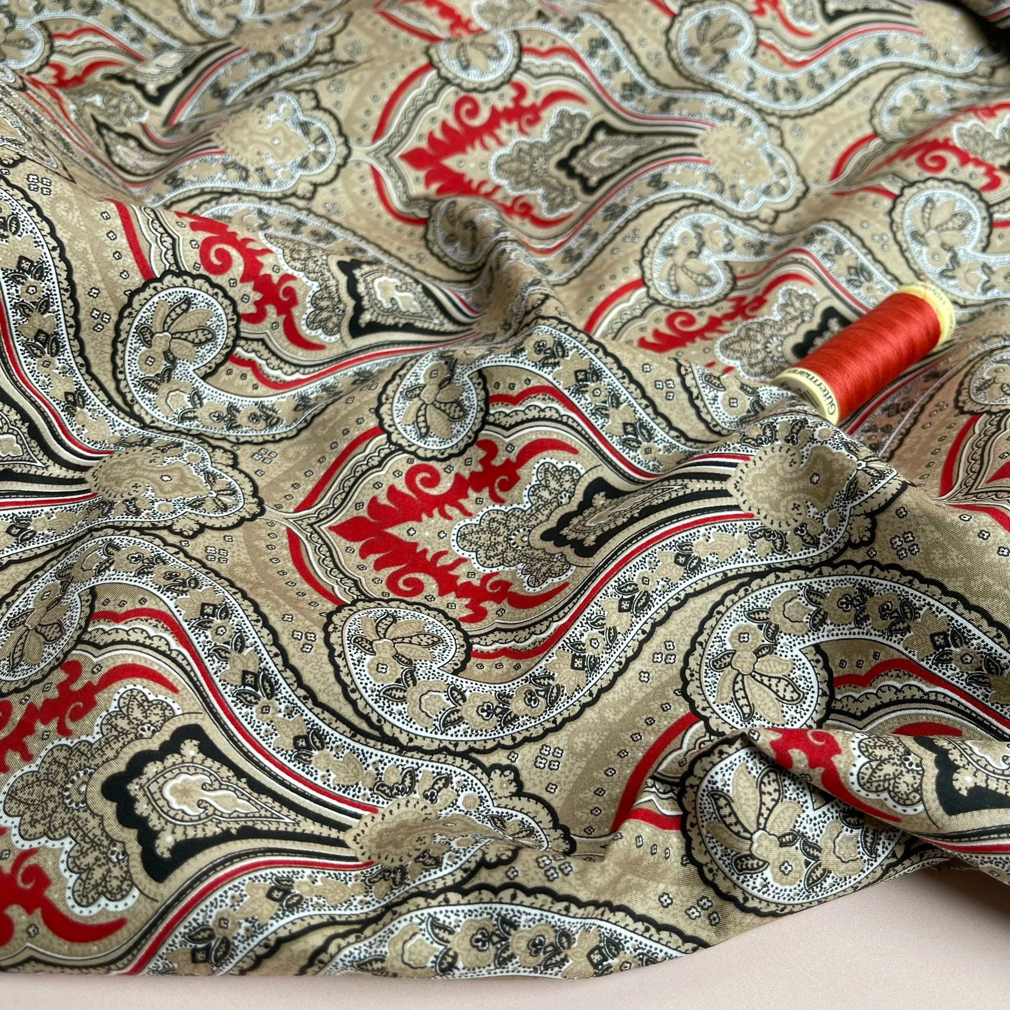 Ornate Damask on Red Cotton Lawn Fabric