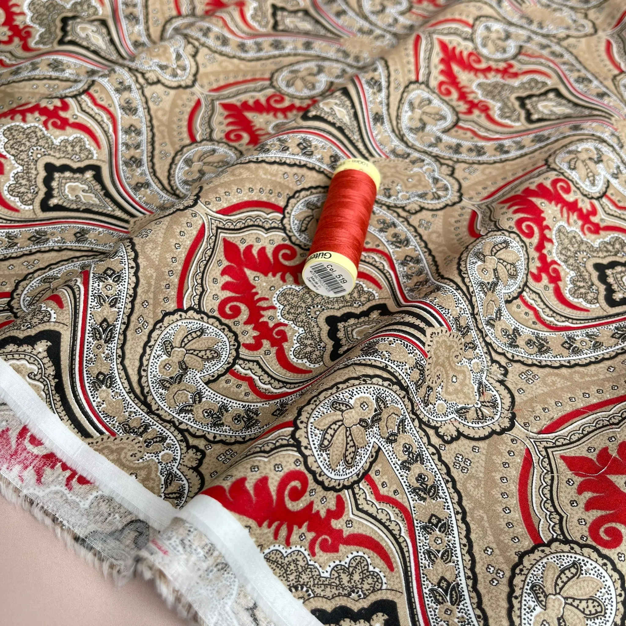 Ornate Damask on Red Cotton Lawn Fabric