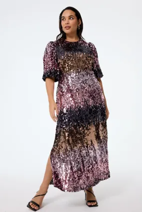 Pink Ombre Sequin Puff Sleeve Midi Dress