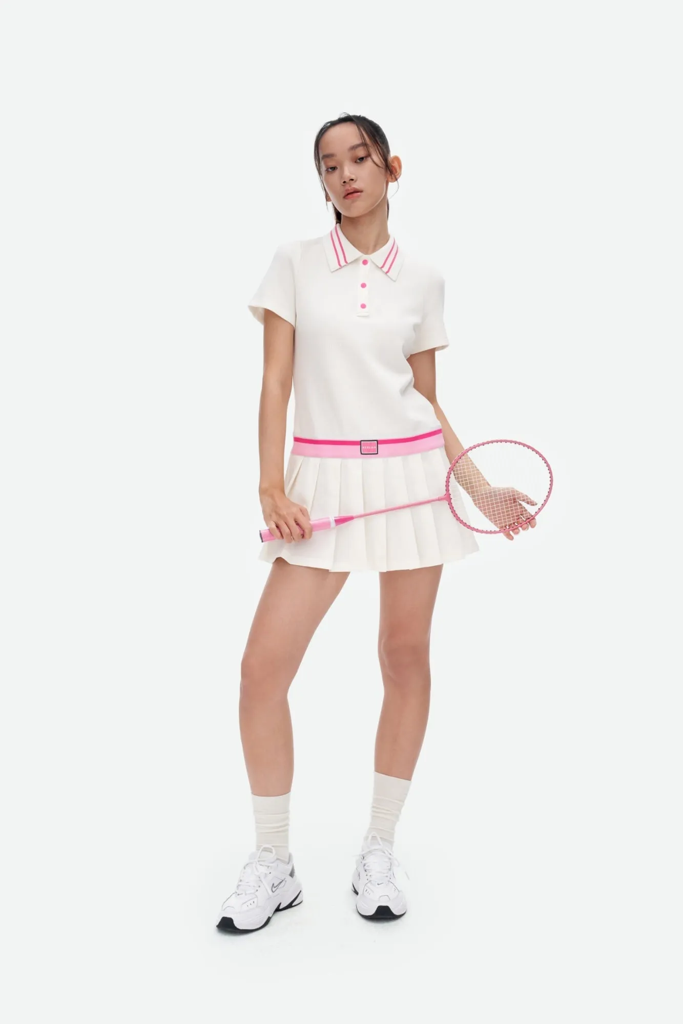 Pleated Short Polo Dress in Pink And White