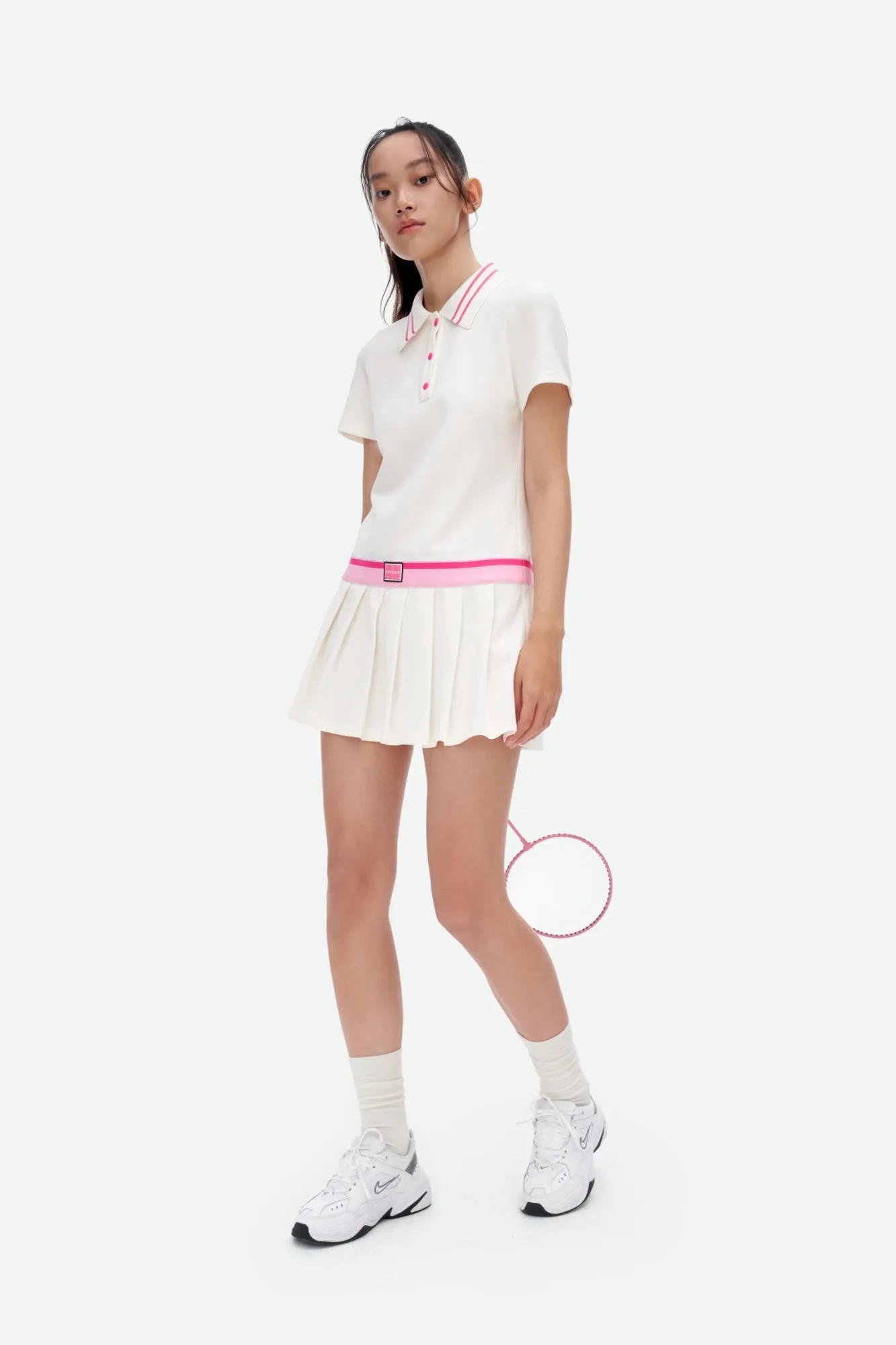 Pleated Short Polo Dress in Pink And White