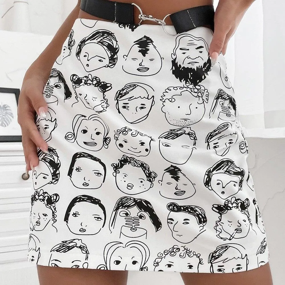 Print high waist zipper bag hip skirt