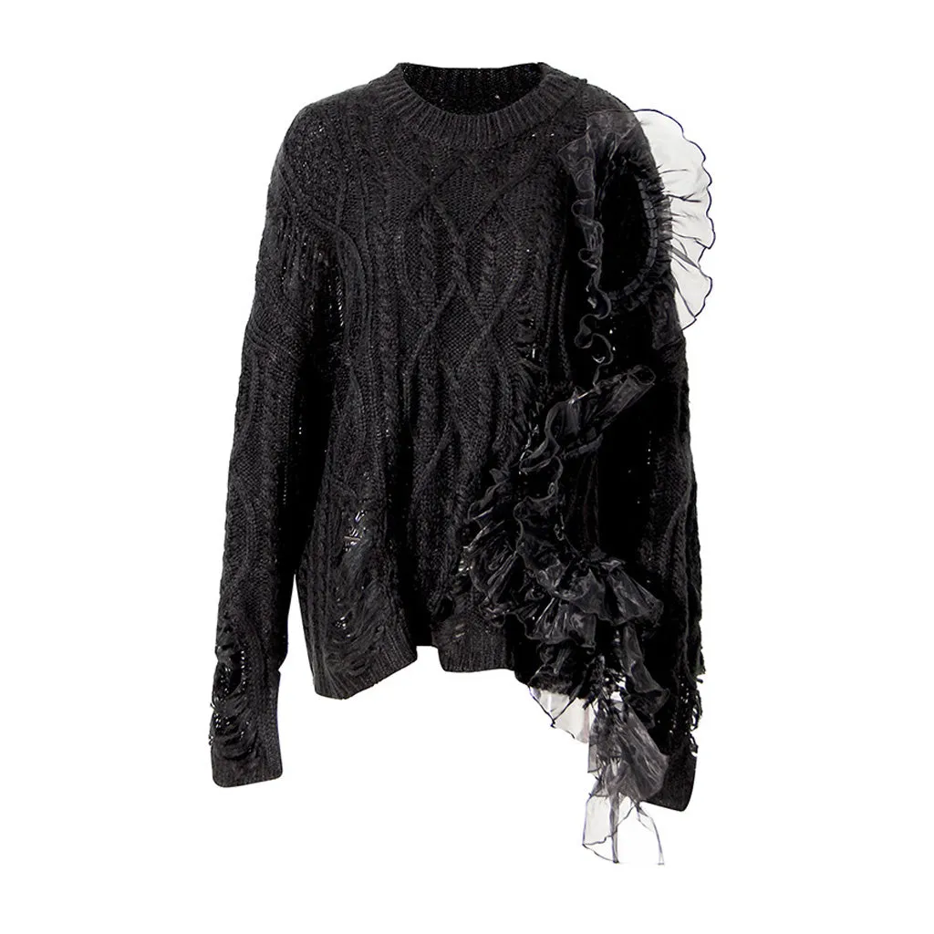 Punk Crew Neck Ruffle Detail Distressed Trim Cable Knit Oversized Sweater