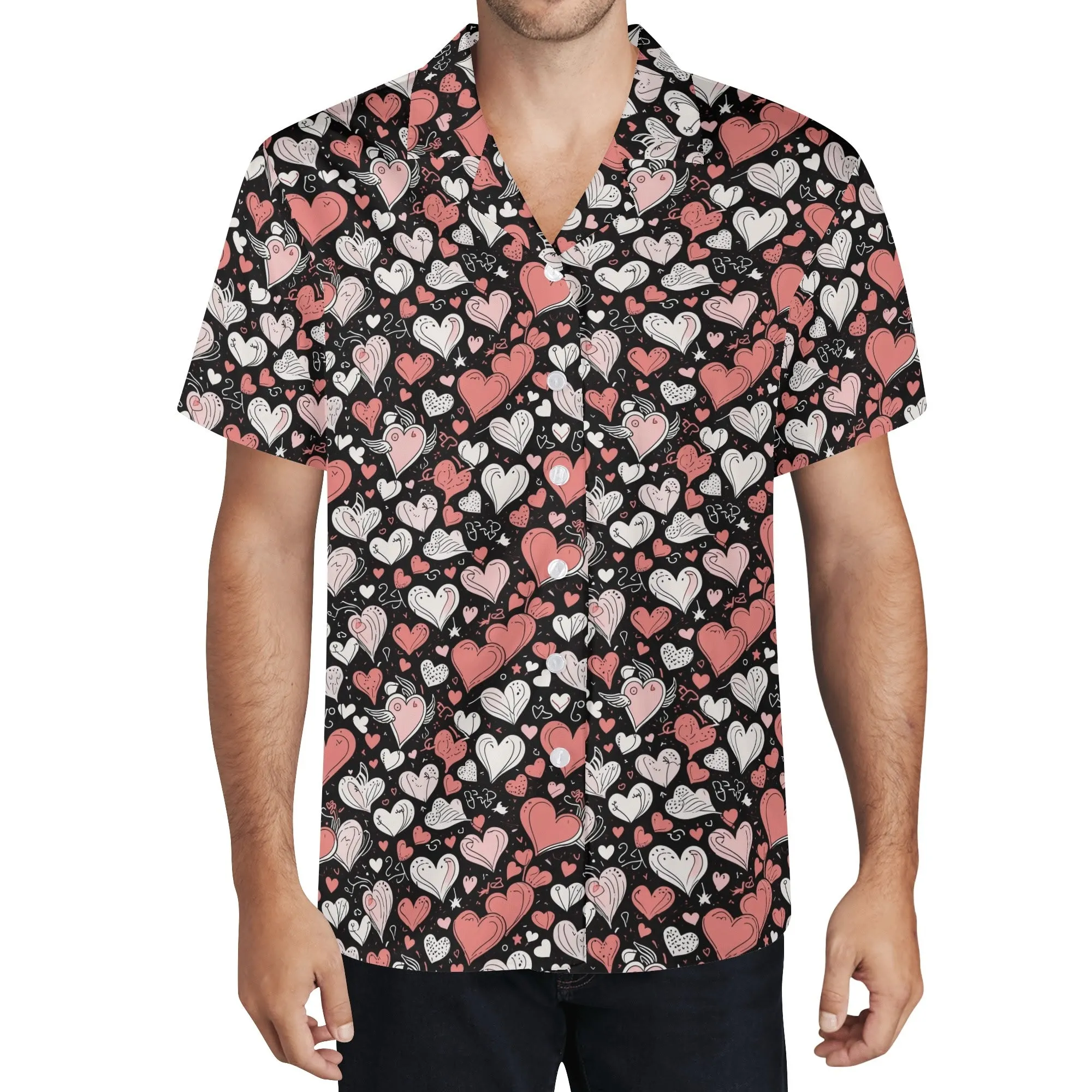 Red Hearts Mens Casual Hawaiian Shirt