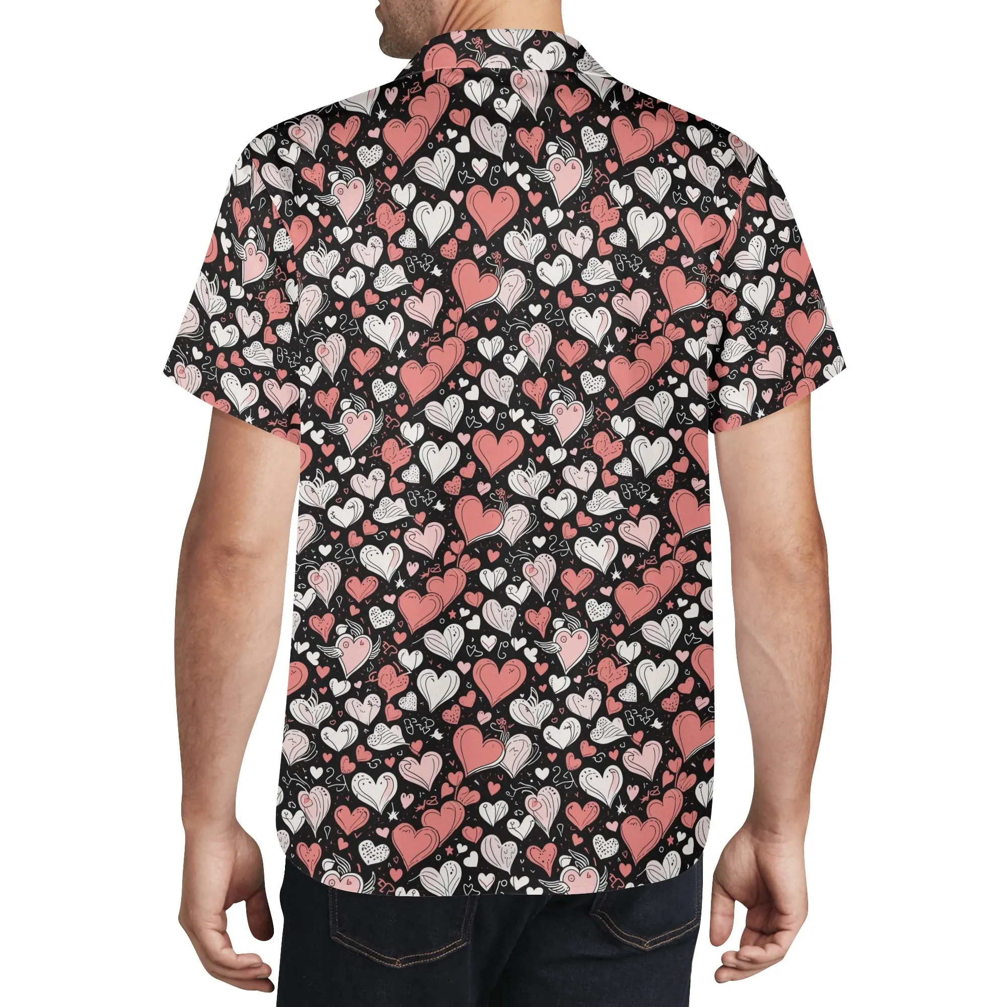 Red Hearts Mens Casual Hawaiian Shirt