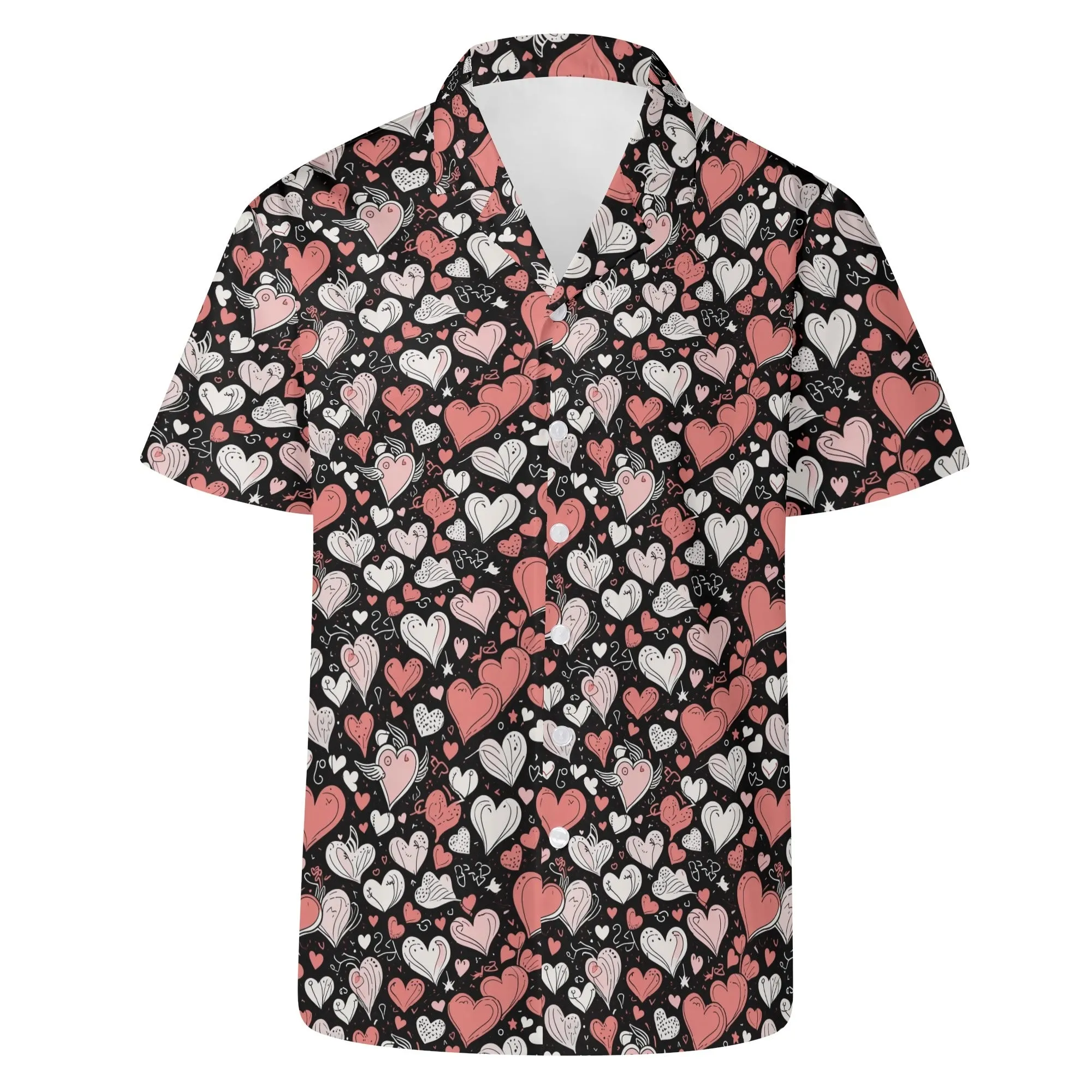 Red Hearts Mens Casual Hawaiian Shirt